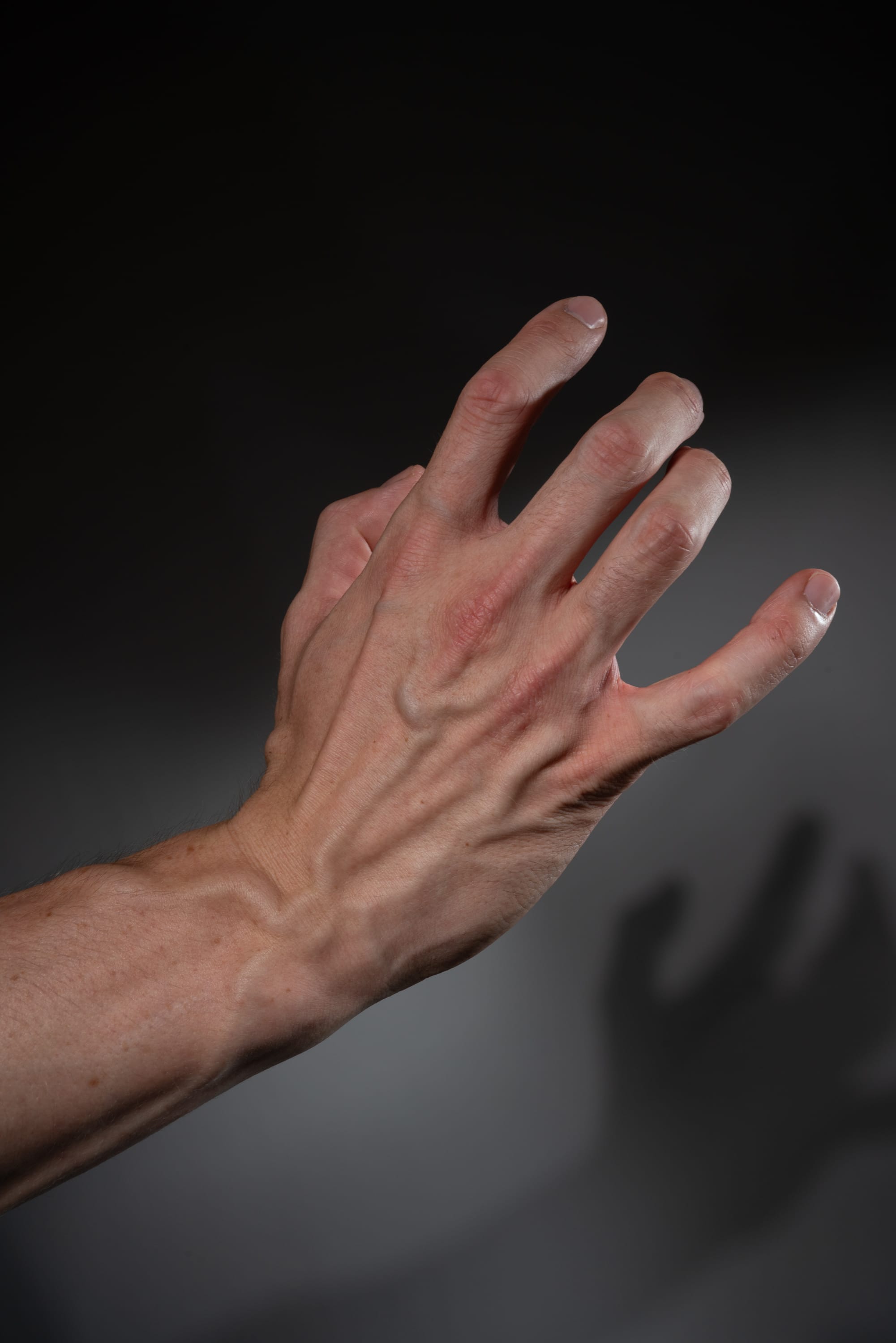a closeup shot of a man's hand and forearm extended against a dark gray background. the hand is outstretched with fingers spread, showcasing prominent veins and tendons. a blurred shadow of the hand is cast upon the lighter gray wall in the background. the image appears to be lit with studio lighting, highlighting the details and textures of the skin.