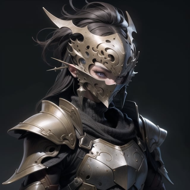 a closeup portrait of a female warrior clad in ornate, goldaccented armor. she wears a helmet with intricate, organiclooking designs that cover her entire face except for her bright blue eyes. her dark hair flows behind her, and a black cowl peeks out from beneath her armor. the image is rendered in high detail with a focus on the textures and craftsmanship of the armor. the lighting is dramatic, emphasizing the contours of her face and armor.