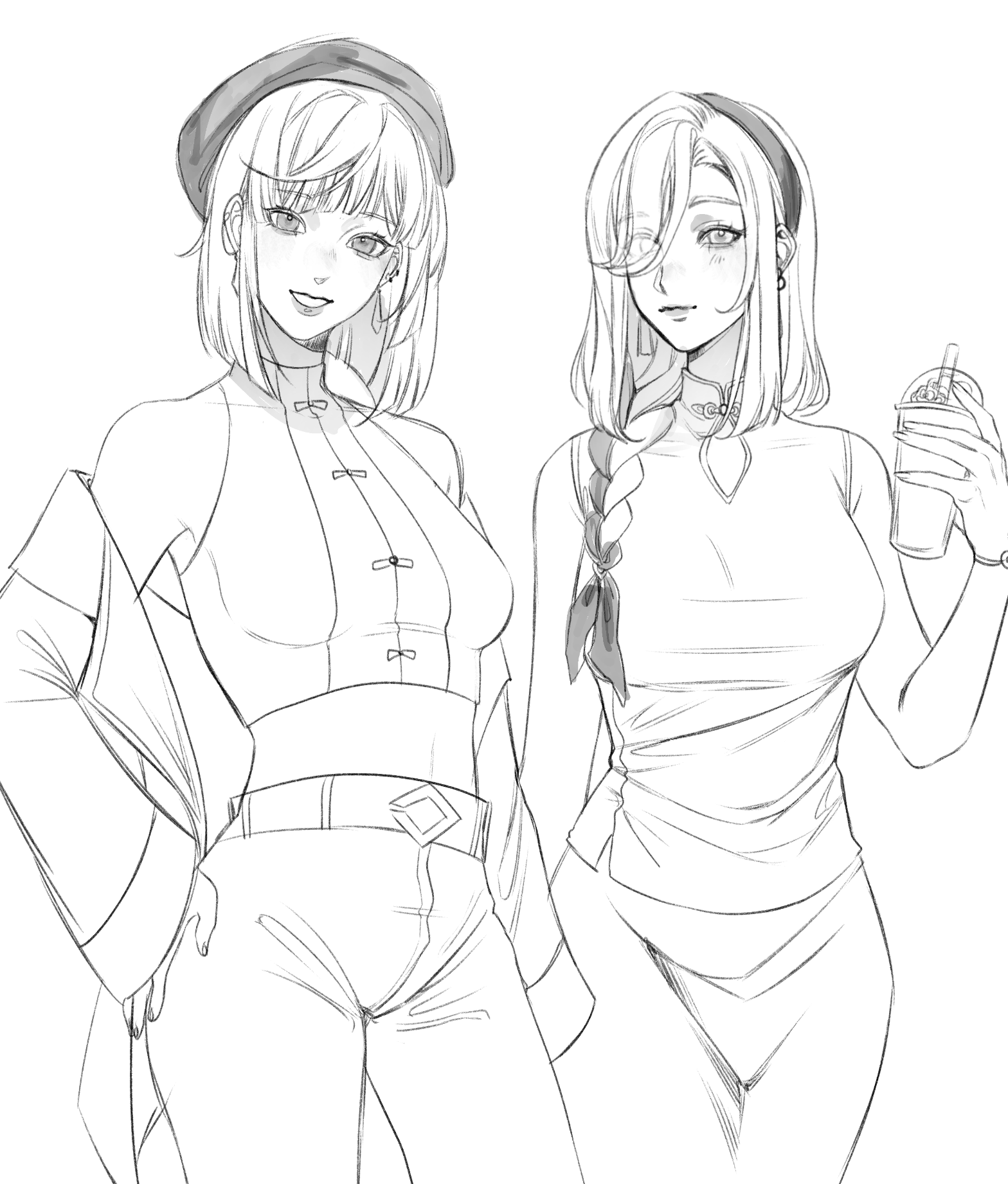 this is a sketch of two women standing outdoors together. both girls are wearing casual clothing and appear to be friends. they both have long black hair, one with a braid and the other with a ponytail. the girl in the front is wearing a tank top and a short skirt, while the girl in the back is wearing a jacket and pants. they are standing in an urban environment, and there is a coffee cup in front of the girl in the front.