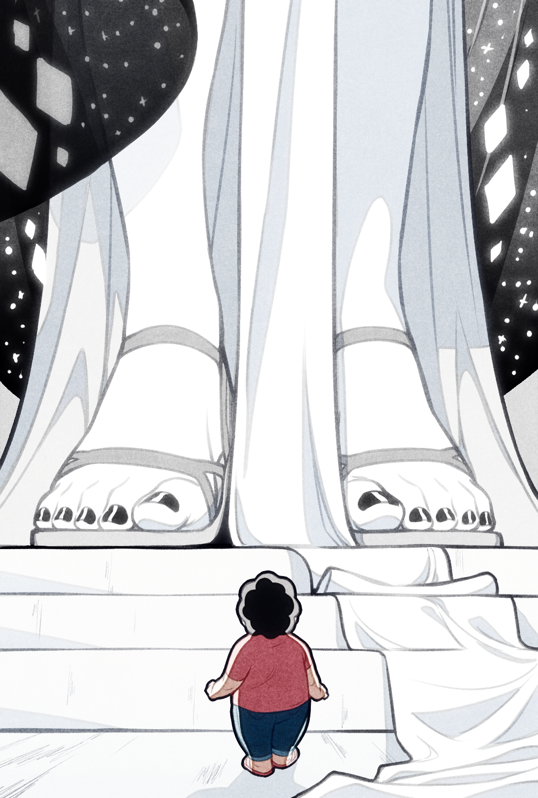 a small boy with dark curly hair and a red shirt stands on a white platform, gazing upward in awe at the enormous feet of a giantess. her white dress flows around her, blending with the starry night sky. her size is emphasized by the low angle, creating a sense of wonder and scale.