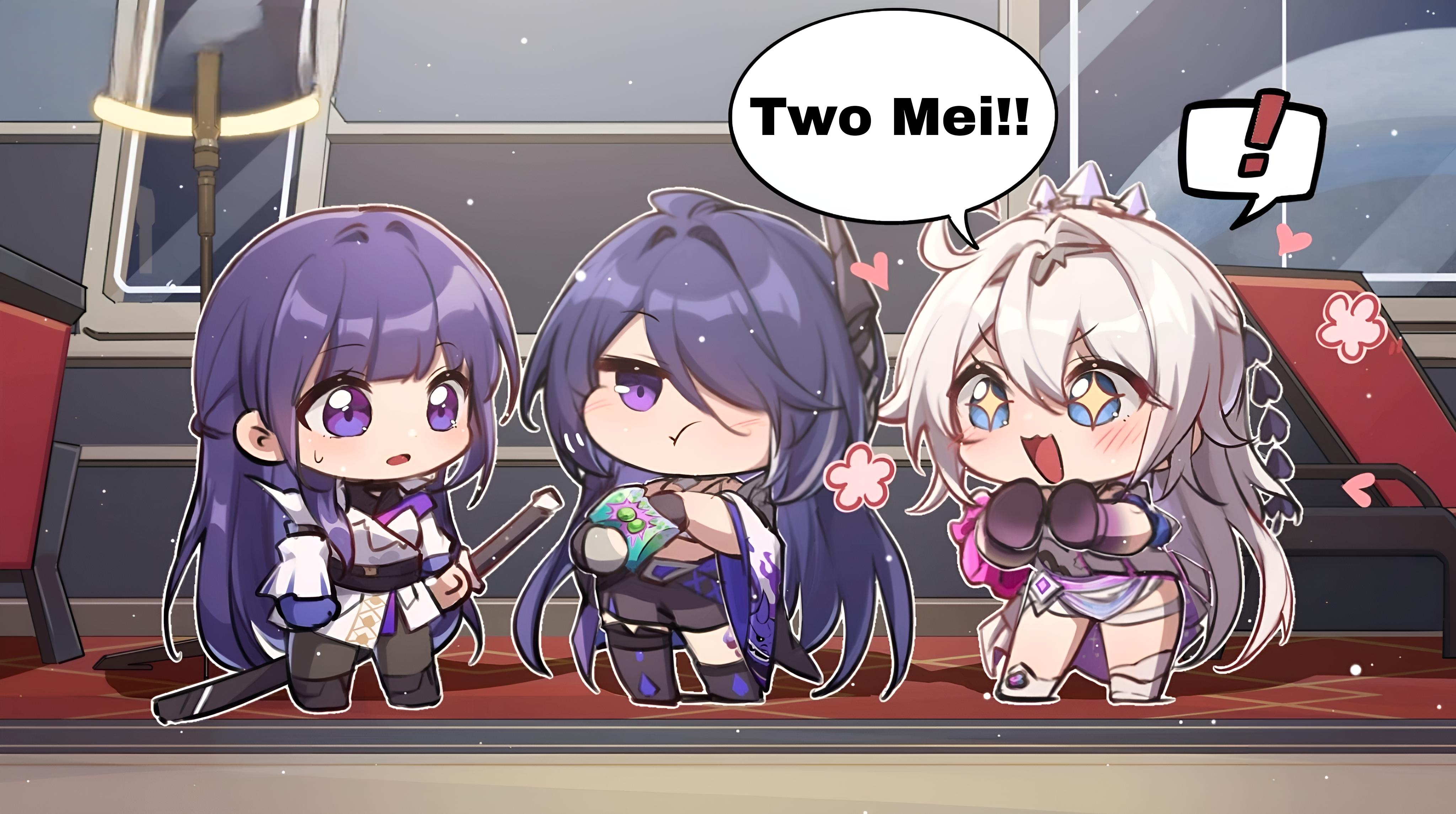 the image is a colorful cartoon drawing featuring three anime girls. the girls are drawn in chibi style with large eyes, small bodies, and exaggerated features. the girl on the left is wearing a white and purple outfit and is holding a sword. the girl in the middle is also wearing a purple and white outfit and is holding a green item. the girl on the right is wearing a white and pink outfit and is holding two pink fists, like she is ready to punch something.  the girl on the right is also holding a speech bubble that says "two mei!!"  the girl in the middle is wearing a surprised expression. the girl on the right looks happy. the girl on the left has a shocked expression. all three girls have shiny, golden stars around them.  the girls are standing in a room that appears to be a hallway. the background features gray and red walls and a dark floor.   the entire image is rendered in bright colors and a cartoony style.