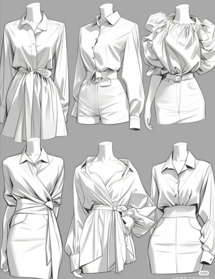 this image shows 6  drawings of animestyled female figures,  wearing a variety of clothes, including dresses, shirts, pants, shorts, and skirts,   all in the same style.