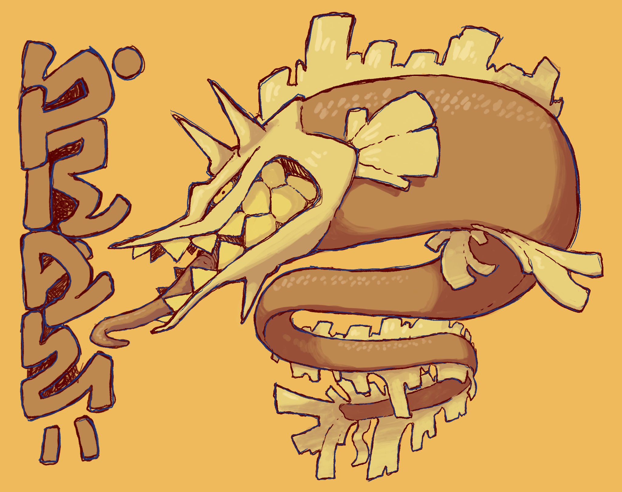 a cartoon drawing of a long eellike creature with sharp teeth and frills along its back on a yellow background. it has its mouth open and tongue sticking out.  there are japanese characters to the left of the creature.