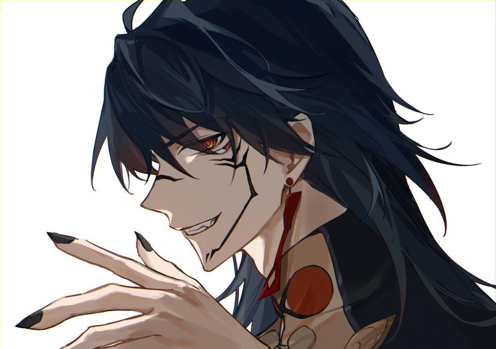 an illustration of a handsome male anime character. he has long, black hair and red eyes, with sharp teeth. he is smiling a smirk, and his expression is both alluring and menacing. he looks elegant, cool and mysterious. the art style is sharp and refined, with crisp lines and bold colors. this image would be perfect for a manga or anime series, or for a promotional poster.