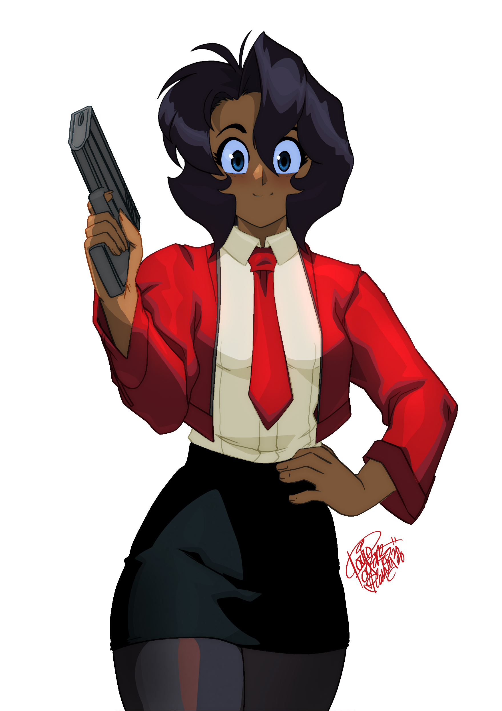 a woman, drawn in an anime style,  with black hair, wears a red jacket over a white shirt and tie. she's holding a gun in her right hand and has a serious expression on her face. she wears a black skirt and stockings and is standing on a white background.