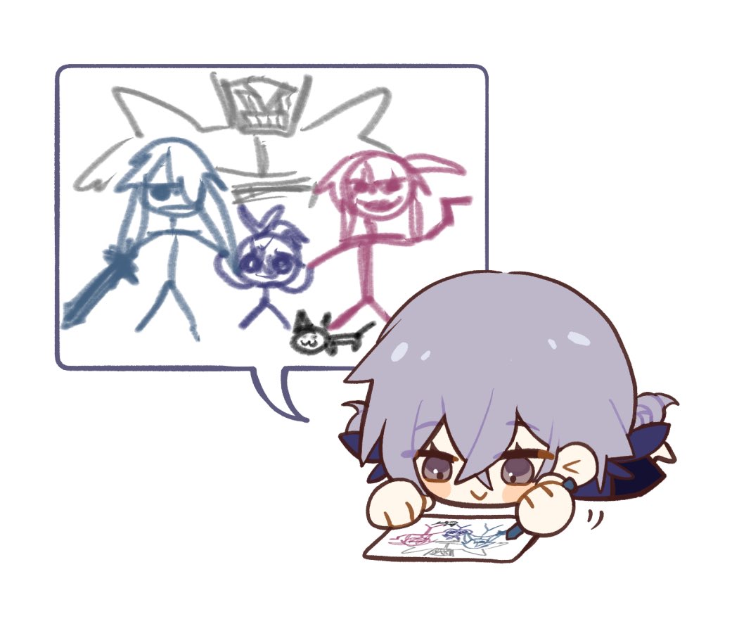 a purple haired anime character is sitting at a table drawing a picture of a family with a stick figure and a cat. the character is smiling and looks happy. in a thought bubble above the character's head is a drawing of a family with a stick figure of a girl, boy and a cat.