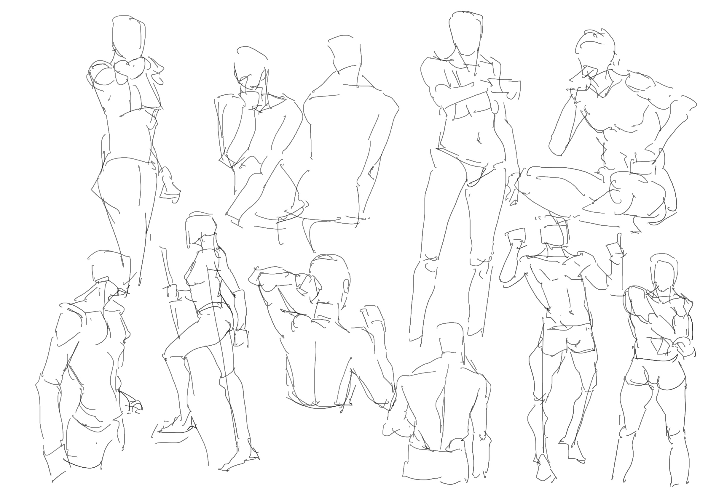 a page of figure drawing studies.  the artist is working on gesture, form, and anatomy of both male and female figures.