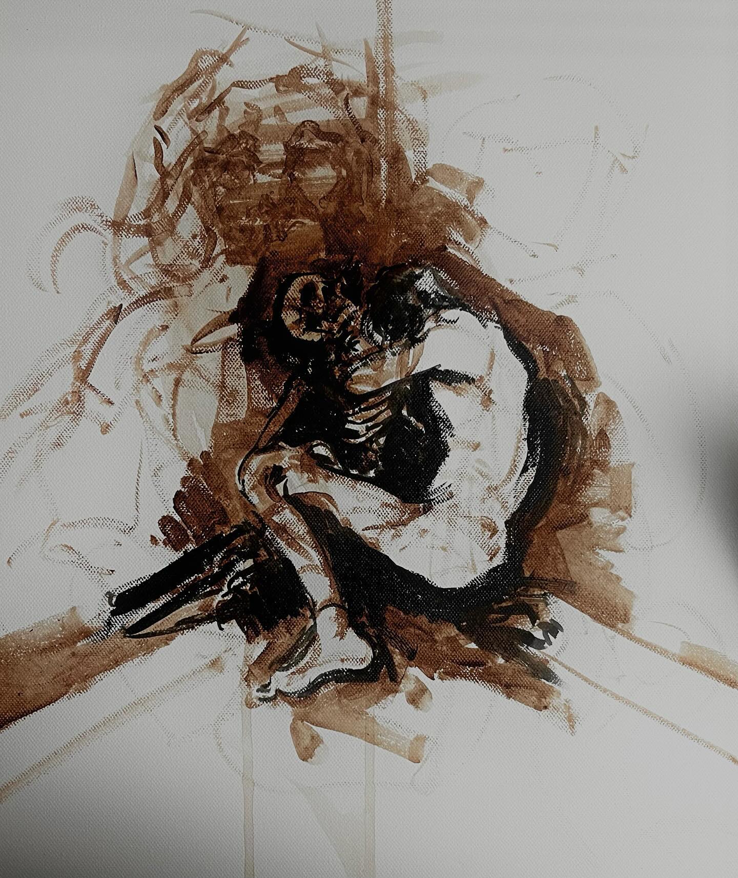 the image is a sepiatoned sketch of a nude figure huddled in a confined, abstract space. the figure is drawn with expressive lines and shading, conveying a sense of sadness or despair. the lighting is dramatic, with a single light source highlighting the figure's back and creating deep shadows. the perspective is slightly elevated, giving a sense of looking down upon the subject.