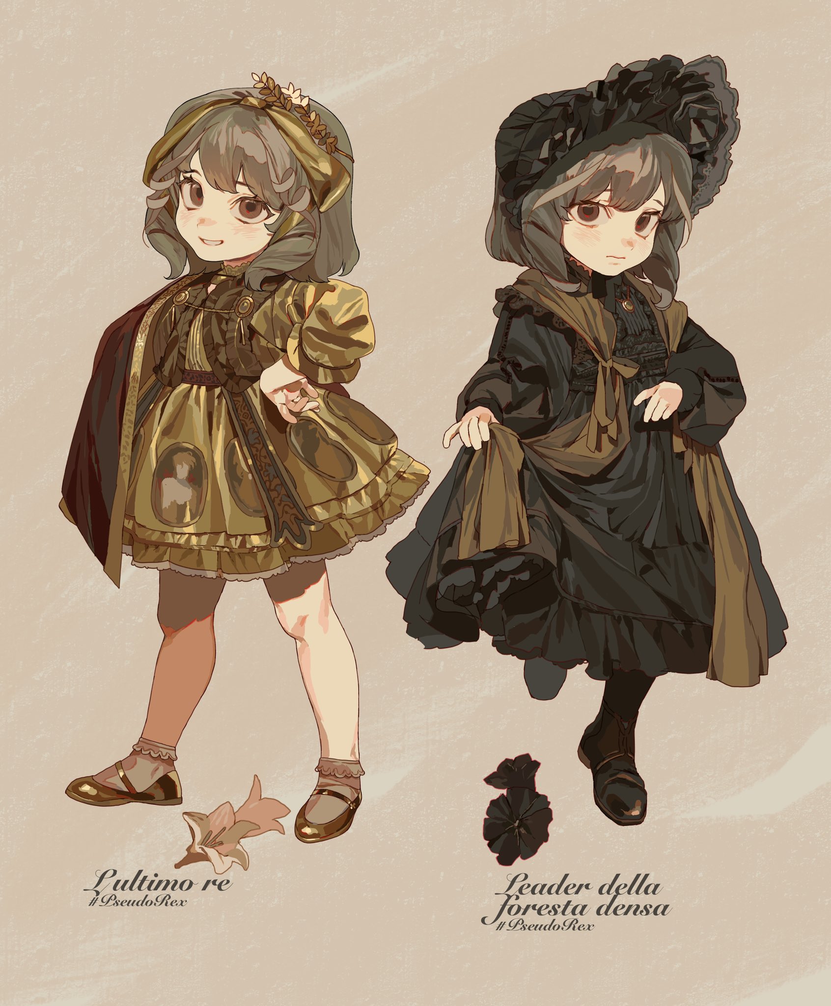 the image shows two animestyle girls dressed in lolita fashion. the girl on the left is wearing a gold dress, hat, and shoes. the girl on the right is wearing a black dress, hat, and shoes. there is a flower on the ground by each of them. the background is a plain light color. each character also has a capelike outer layer. there is text underneath each of the girls.