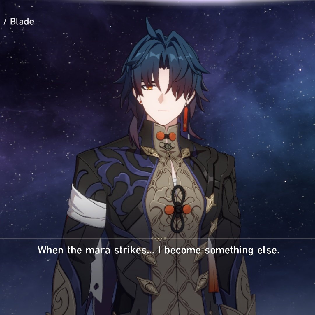 this is an image of a male anime character with blue hair and red eyes. he is standing in front of a dark background with stars. the character is wearing a black and gold outfit and has a serious expression on his face. he is likely a video game character.  the image is from the popular video game honkai impact 3rd.
