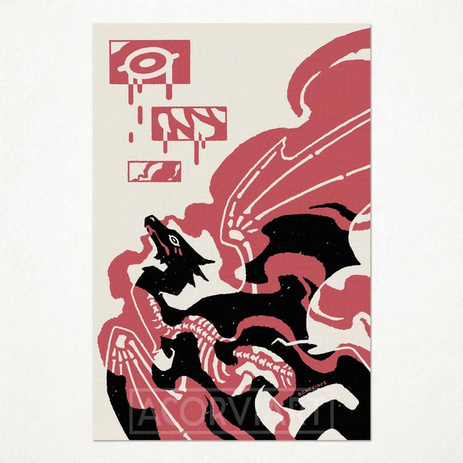 a digital illustration of a dragon in a red, black, and white color scheme. the dragon appears to be skeletal, with its bones and wings visible. the dragon is surrounded by swirling smoke that appears to be red.
