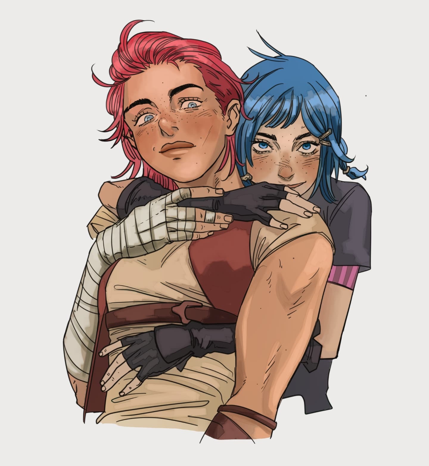 the image shows character art of vi with pink hair being hugged from behind by jinx with blue hair. they both have freckles. vi has bandages on her arms and is wearing gloves. jinx is wearing gloves as well. they both are wearing casual clothing.