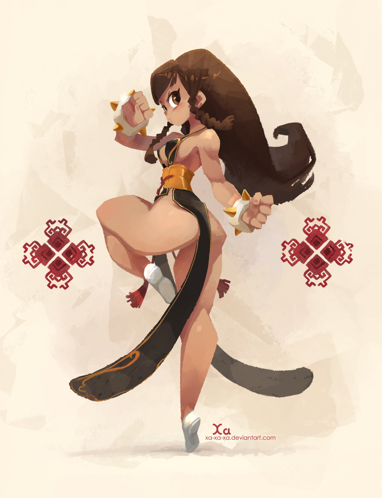 this is a digital art piece that depicts a female anime character in a dynamic pose, demonstrating a martial arts stance. the image is stylized and minimalist, with a simple background featuring a geometric pattern. the character is drawn in a vibrant and expressive style, with her outfit, hair, and expression conveying a sense of strength, power, and determination. the overall aesthetic is reminiscent of japanese anime and manga, with a focus on action and movement.