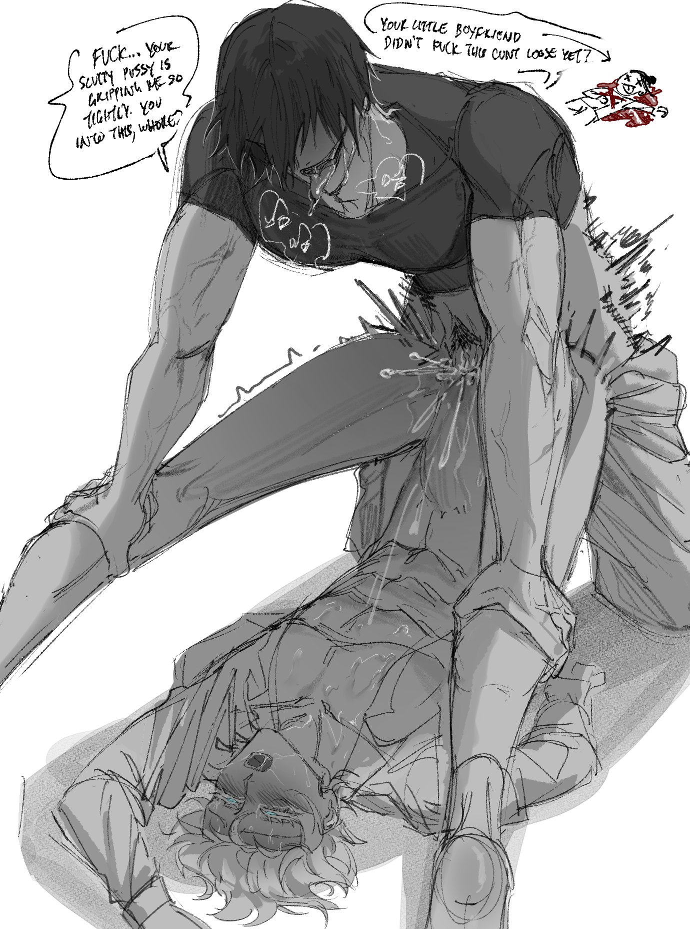the image depicts a graphic scene of sexual assault between two men.  one man is forcibly dominating the other, who appears distressed and possibly crying.  the style is reminiscent of a manga or anime sketch, with rough lines and shading in grayscale.  the content is extremely explicit and depicts violence and sexual humiliation.  text bubbles accompany the drawing, containing explicit and aggressive language.  the overall tone is dark, disturbing, and suggests a power dynamic of abuse.