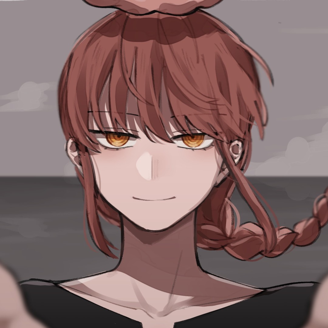 the image is a closeup digital illustration of an animestyle girl with reddishbrown hair styled in a braid with a bun on top. she has striking yellow eyes and a subtle smirk on her face. the art style is muted and slightly dark, with soft shading and details. the background is blurred and indistinct, drawing focus to the girl.  she is wearing dark clothing. the overall feeling is one of mystery and subtle confidence.