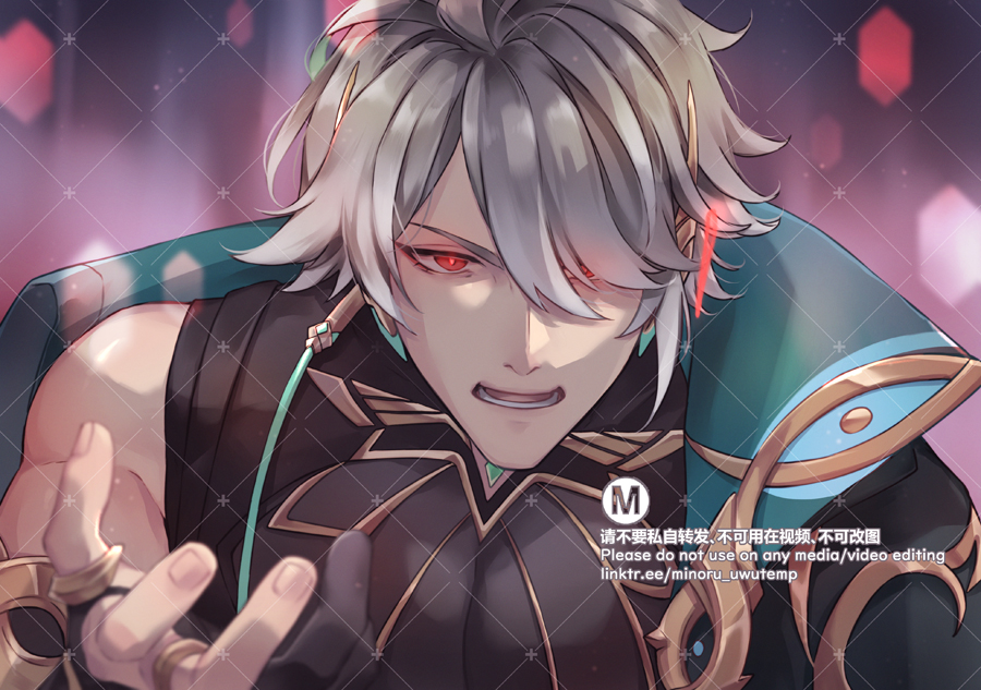 a closeup of an animestyle male character with white hair and red eyes. he's wearing a black and gold outfit with teal accents. the background is pink with white diamond shapes. there's a watermark on the bottom right saying "please do not use on any media/video editing" with a link provided.