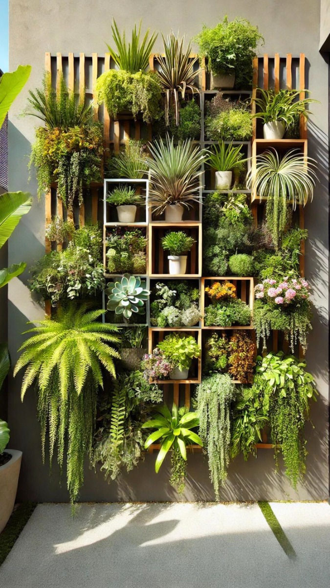 a vibrant vertical garden is showcased against a gray wall. the garden is meticulously arranged within a wooden framework composed of numerous cubicles, each housing a diverse array of plants.  a variety of plants are visible, including ferns, succulents, and other tropicallooking greenery in various sizes and textures. the plants are lush and healthy, indicating proper care and maintenance. the garden is illuminated by natural sunlight, casting shadows on the concrete floor below. the overall aesthetic is one of modern elegance and natural beauty.