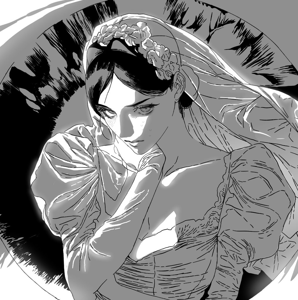 a monochrome portrait of a sadlooking bride in a wedding dress with a veil and flower crown. she is looking down with a somber expression. the style is reminiscent of manga or comic book art.