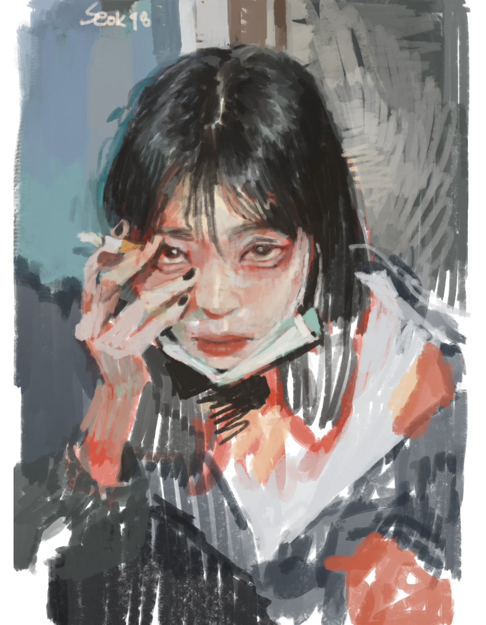 the image is a stylized portrait of a young woman with short, dark hair. she is captured in a moment of contemplation, with a cigarette held delicately between her fingers. her expression is somber, with dark circles under her eyes hinting at fatigue or emotional distress. her gaze is directed slightly downwards, adding to the overall mood of introspection. she wears a surgical mask pulled down below her chin, a subtle detail that hints at the current global climate. the background is rendered in broad, gestural strokes, suggesting the interior of a train or bus. the color palette is muted and melancholic, with a predominance of cool grays, blues, and desaturated reds. the overall effect is one of urban alienation and quiet contemplation.