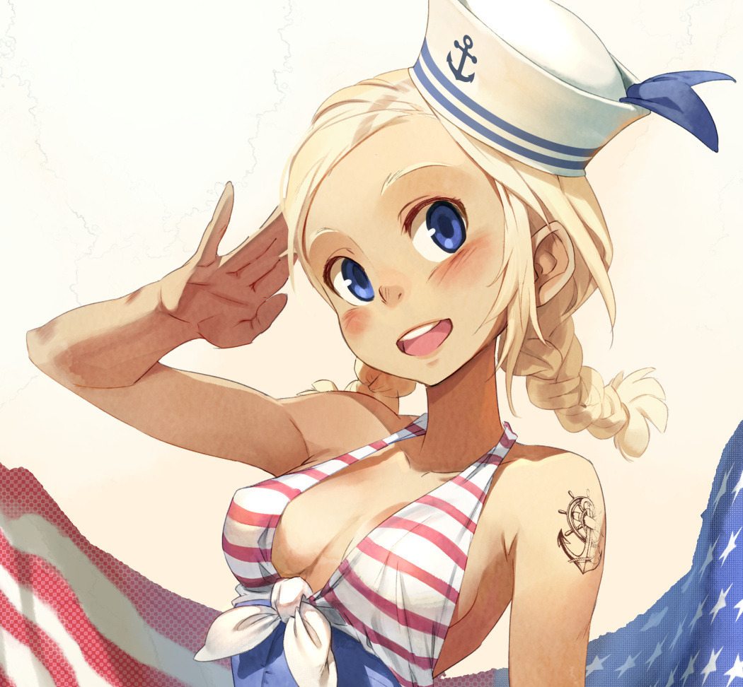 a beautiful anime girl with blonde hair in a braid wearing a sailor hat and a red, white, and blue striped bikini smiles while saluting. the image is set against a backdrop of an american flag.