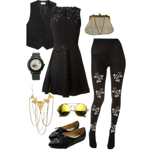 an image showing a layout of clothing and accessories. there is a black dress, vest, watch, black flats, gold necklace, sunglasses, handbag, and patterned tights.