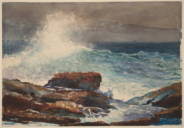 a watercolor painting by winslow homer depicting a rocky coastline with a crashing wave under a stormy sky. the ocean is turbulent with whitecapped waves, and the rocks in the foreground are various shades of brown and gray. the sky is dark and overcast, suggesting an approaching storm. the painting is signed "homer 1883" in the lower left corner.