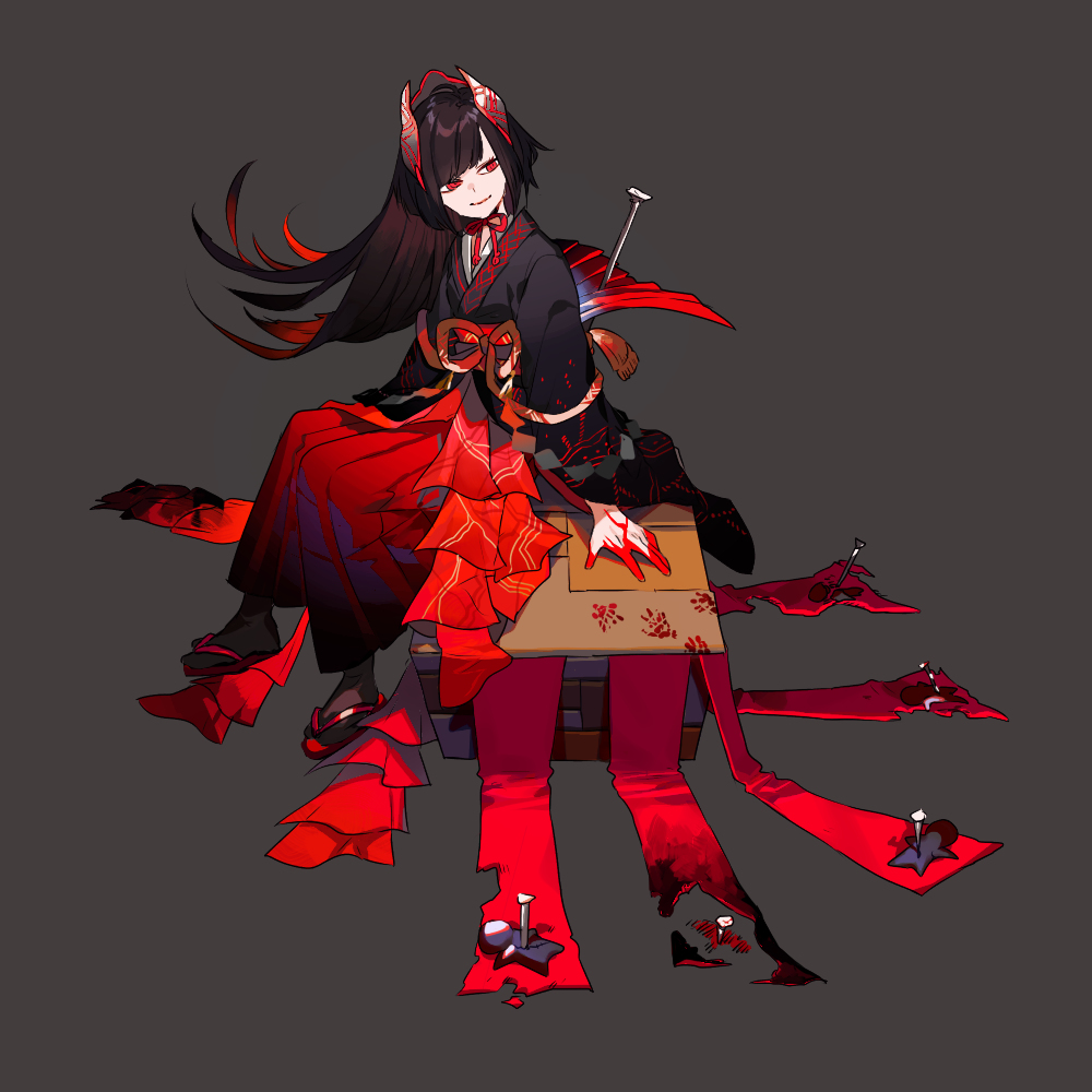 a female anime character with long black hair, red eyes, and horns sits atop a box draped in red fabric. she wears a predominantly black kimono with red accents and holds the hilt of a katana, its blade hidden within the fabric.  red lines, reminiscent of bloodstains or slashes, extend from the box and her hand, adding to the character's dark and dangerous aura. the lighting is dramatic, focused primarily on the character, and the overall mood is ominous.