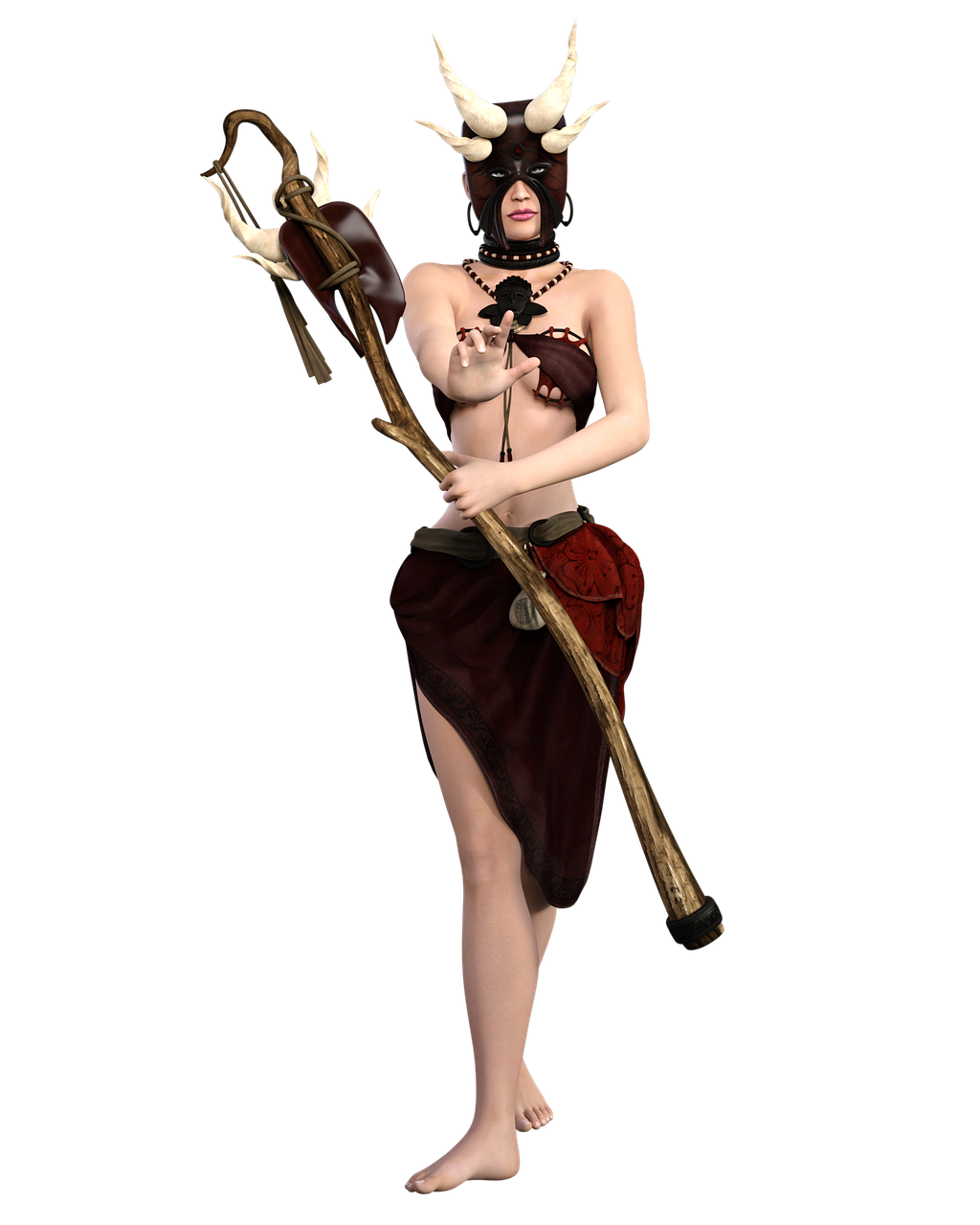 a full shot of a woman wearing a mask and horns, holding a staff, standing barefoot. she is dressed in a dark red skirt and top. she wears a beaded necklace with a black flower and a matching mask with long white horns. she holds a wooden staff with two white horns at the top. the background is black.