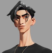 the image showcases a head and shoulders portrait of a stylized young man rendered in 3d. he has dark hair with a modern cut, piercing blue eyes, and a subtle smirk. he wears a simple black shirt and a thin gold chain. the lighting is soft and diffused, creating smooth shadows on his face and highlighting his sharp features. the neutral gray background emphasizes the subject and contributes to the overall clean and modern aesthetic.