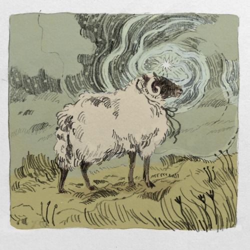 an illustration depicts a sheep or ram standing in a field of grass with a stylized sky in the background. the sheep has prominent horns and a thick coat of wool. behind it is a swirling sky with clouds and a bright star. the overall atmosphere is mystical and ethereal.