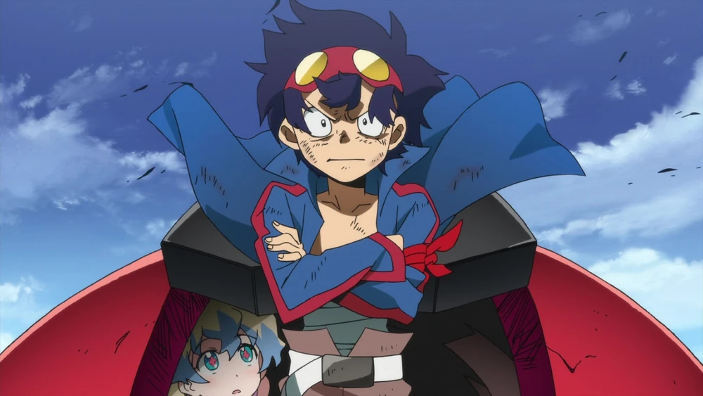 a young boy, wearing a red and blue cape with a determined expression, stands in front of a blue sky with white clouds. he has goggles on his head and  is ready for a battle.