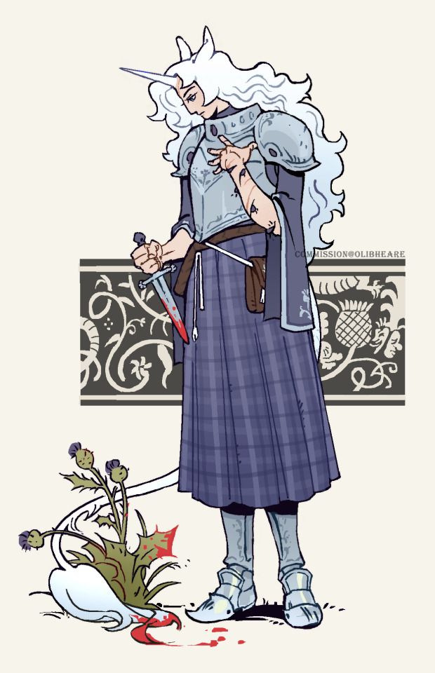a digital illustration of a woman dressed in fantasy knight armor.  she is standing over the body of a white creature that she has killed, the creature is lying on the ground with blood leaking from its neck. the woman is wearing a purple plaid kilt and she is holding a dagger. the background features a floral design with a banner that says "commission@oliibeare".