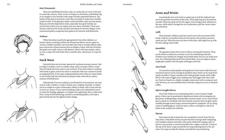 the image shows two pages from a book about belly dancing costume accessories. the left page features text and illustrations of hair ornaments (barrettes, clips, combs, turbans), and neck wear (chokers, necklaces). the right page has text and drawings about arm and wrist accessories including cuffs, gauntlets, arm poufs, operalength gloves, and sleeves.