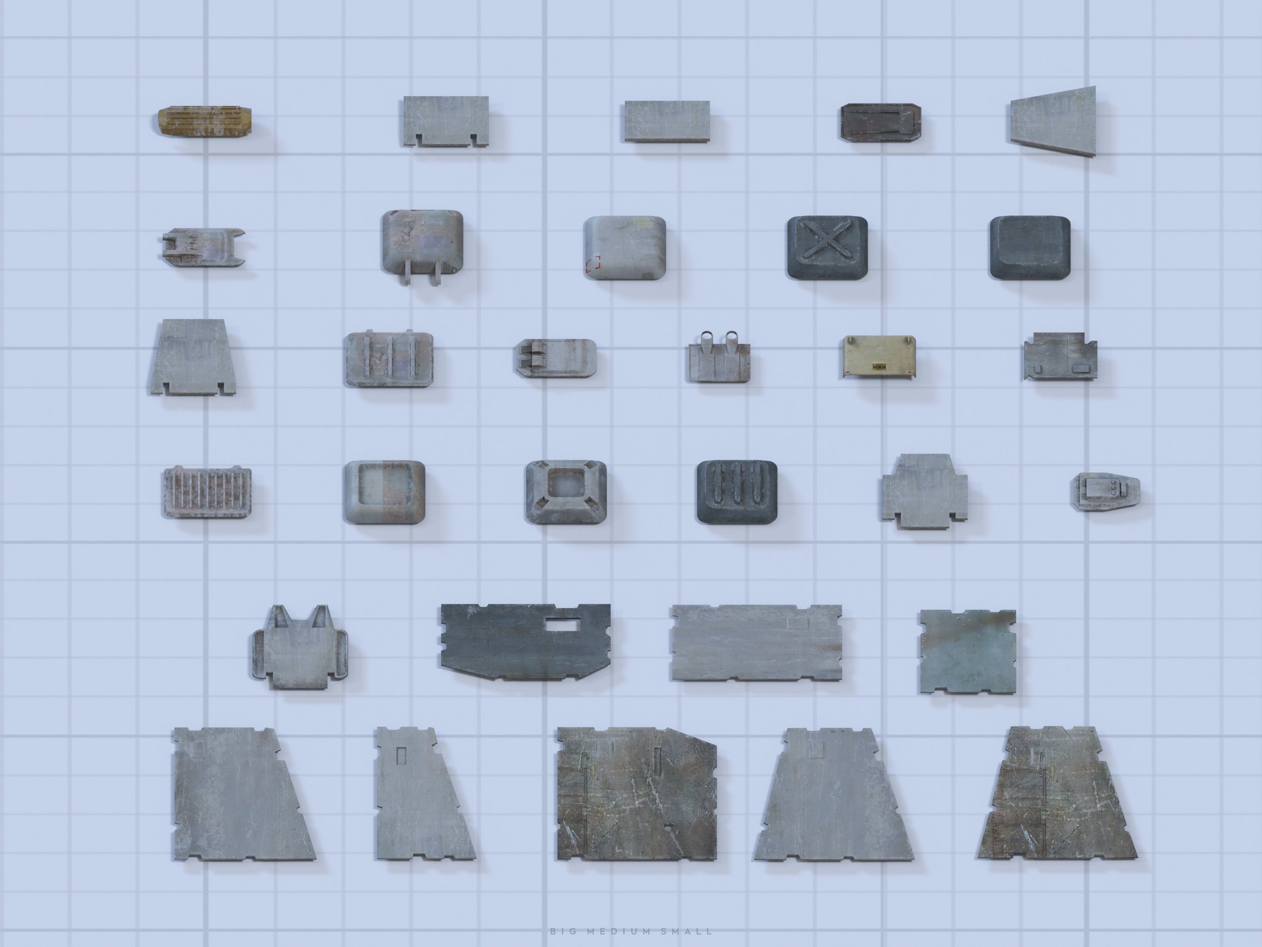 the image shows a grid layout of various 3d models of concrete barriers and blocks, seemingly for use in video games or similar applications.  the models are predominantly grey, with varying levels of weathering and texture detail. they appear to be modular components designed for constructing different types of fortifications or obstacles, potentially representing military or urban defense structures. the grid background helps to showcase the individual assets clearly.
