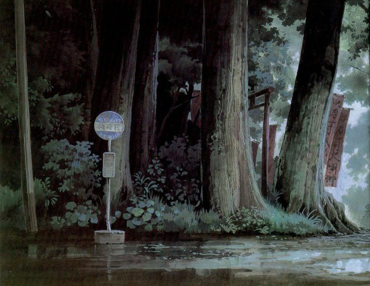 an anime still of a bus stop in a forest next to a road, with trees in the background and water on the road. the scene is from my neighbor totoro.