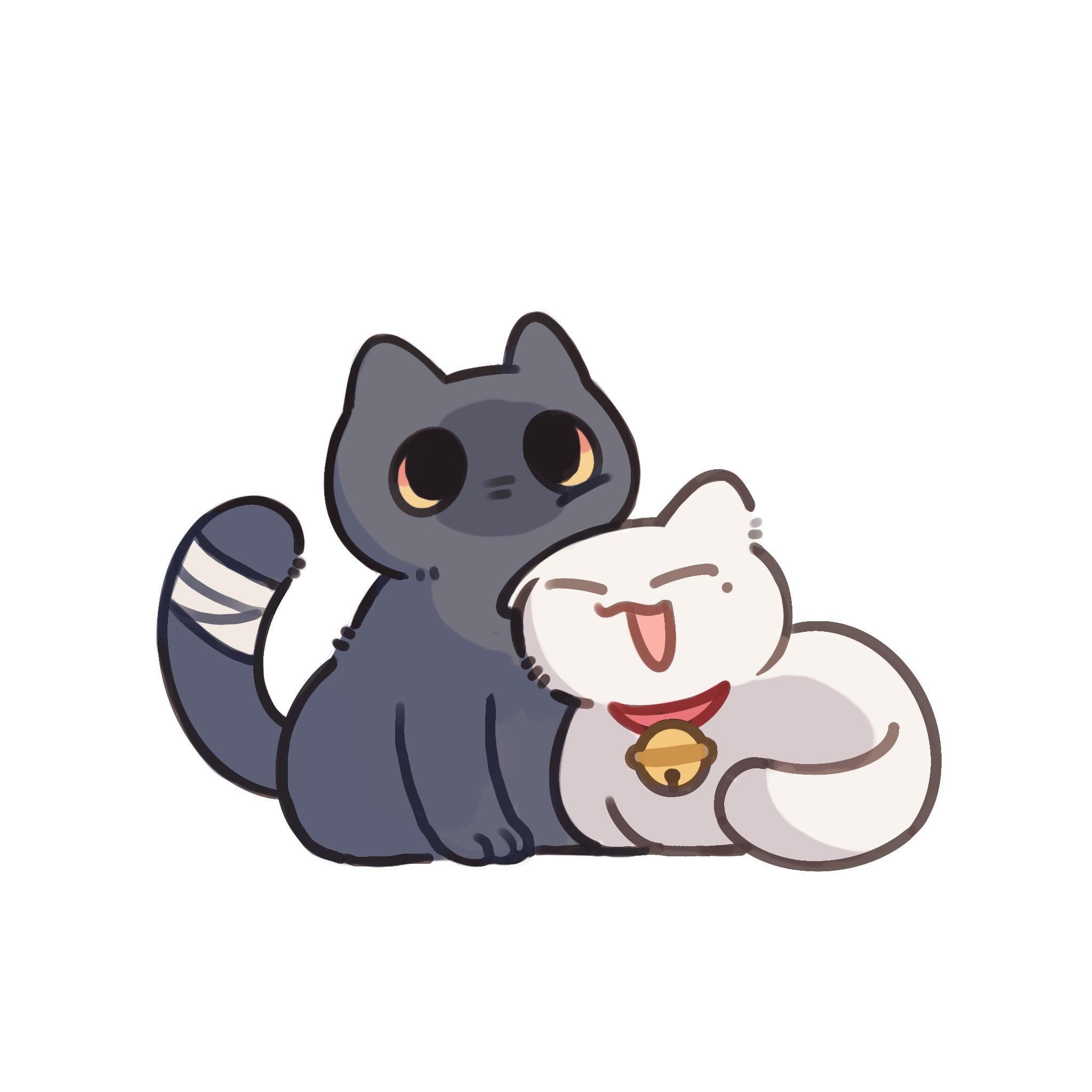 this cute cartoon illustration features two cats, one black and one white, snuggling together. the black cat has a white band on its tail and a serious expression, while the white cat is smiling with a red collar with a bell. the cats are drawn in a simple, rounded style and appear to be enjoying each other's company. the overall tone of the image is warm and affectionate, showcasing a sweet bond between the two cats.