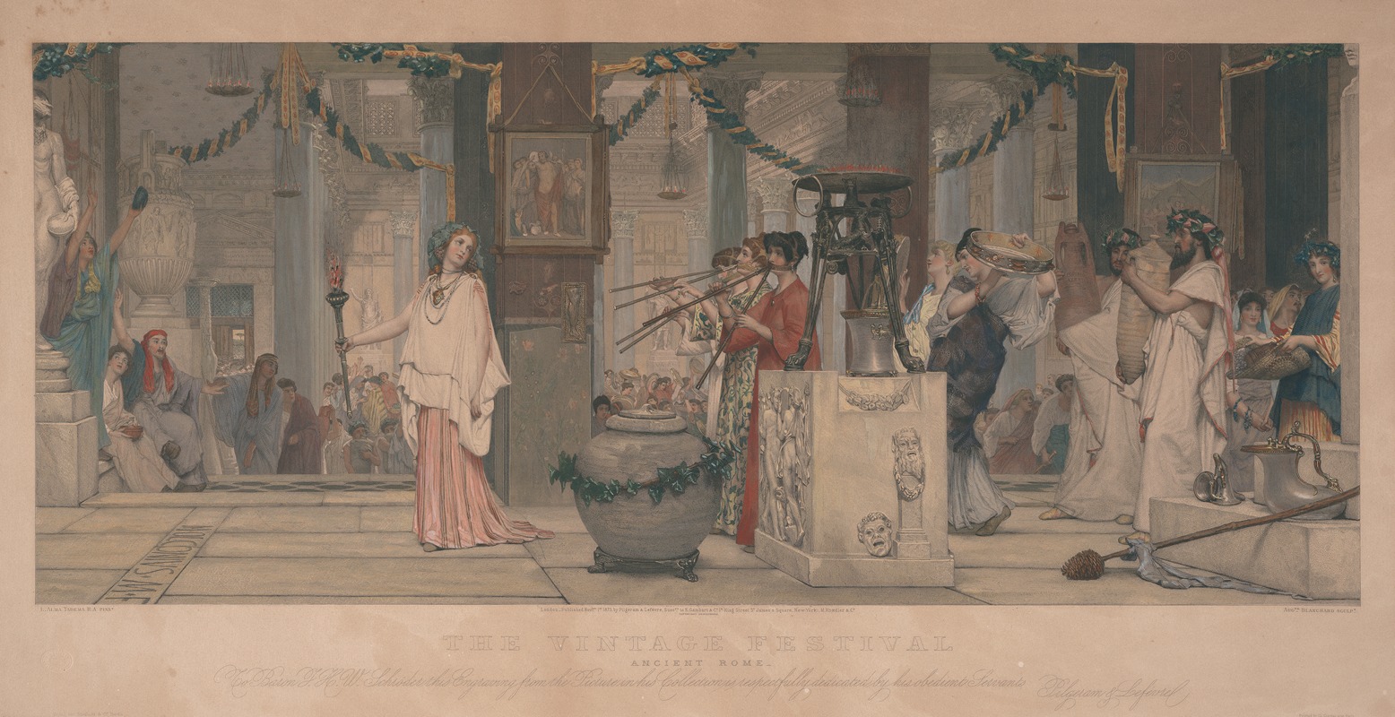 the image is a painting titled "the vintage festival" depicting a scene from ancient rome. it shows a large indoor setting decorated with garlands and roman architectural elements like columns and statues. a crowd of people, including men and women dressed in traditional roman clothing (togas), are gathered. the painting features musicians playing musical instruments, a woman holding a torch, and performers engaging in a festive celebration. the setting includes pottery, statues, and other decorative elements characteristic of ancient roman culture. the overall scene conveys the atmosphere of a vintage festival or celebration in ancient rome.