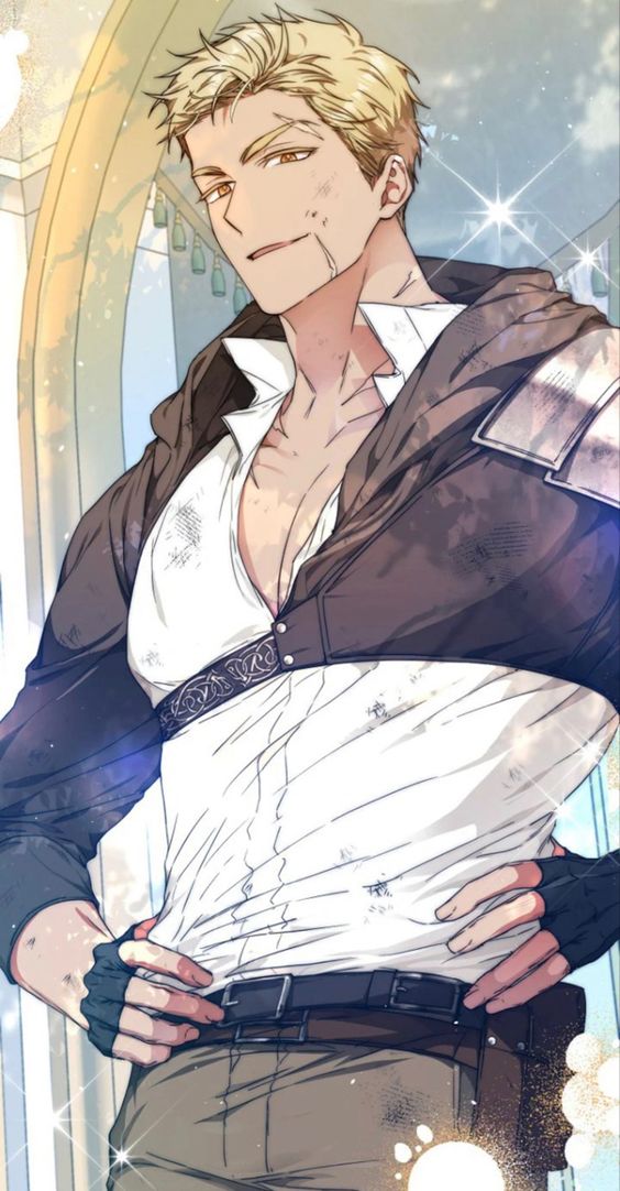 a young, muscular man with blond hair and brown eyes stands confidently with his hands on his hips. he is wearing a partially unbuttoned white shirt, a brown vest, and brown pants with various straps and buckles.  he has a smirk on his face and his expression is one of selfassurance. the background is a blurred image of a hallway with golden accents and sparkling lights.  the overall style of the image is anime or manga.