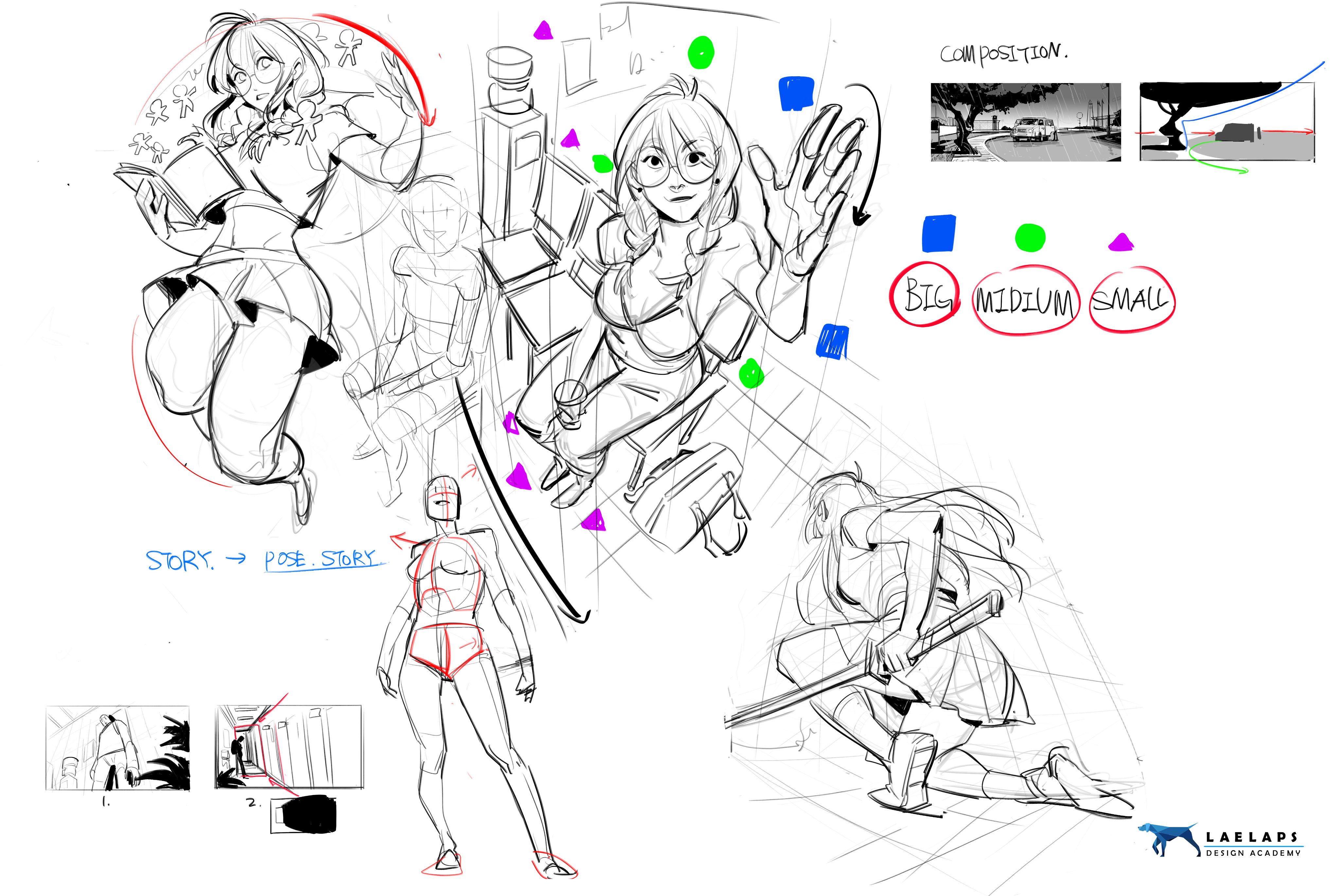 he image is a collection of sketches and notes related to character design, pose, and composition.  it appears to be an art tutorial or workinprogress from the laelaps design academy.  several female characters in various poses are sketched, some with annotations indicating the artist's thought process regarding story and pose. there are also composition studies showing examples of different sized shapes in relation to each other. storyboardlike sketches are included, showing potential scenes. the style is dynamic and expressive, with loose lines and a focus on capturing movement and emotion. the overall tone suggests a process of ideation and development within a specific art style reminiscent of anime or manga.