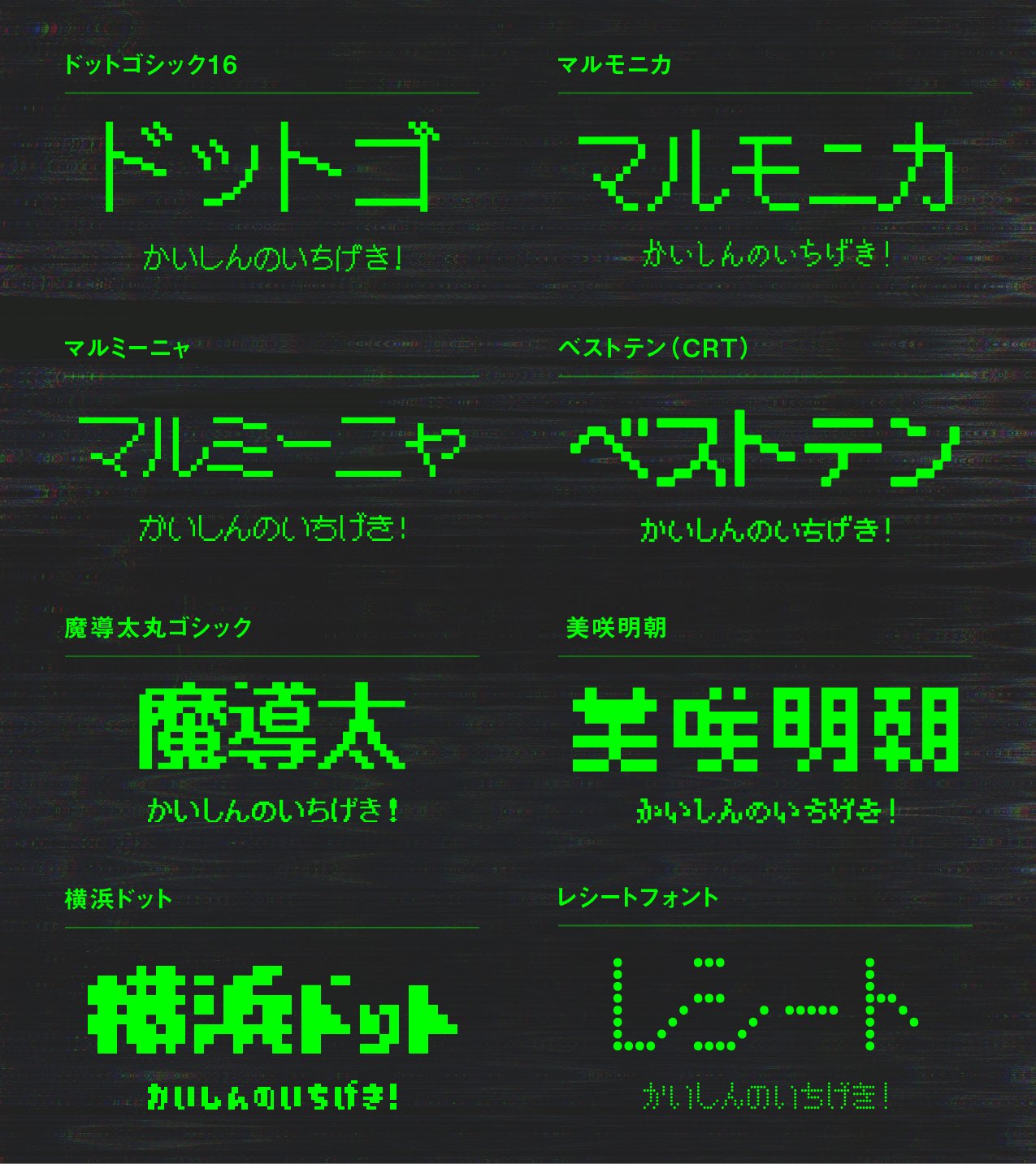 he image showcases various japanese fonts, presented in a retro style reminiscent of 8bit graphics or a glitching screen. each font has a name written in japanese, along with a phrase "かいしんのいちげき!" (meaning "a fatal blow!"). the fonts are categorized and displayed with a visual effect that adds to the retro aesthetic.  the overall style is playful and visually appealing.