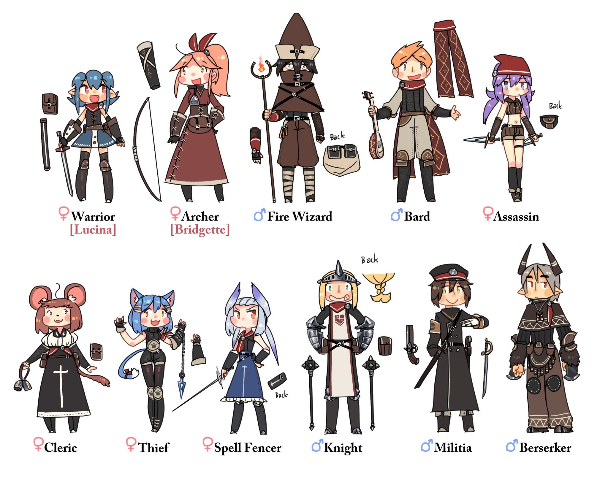 this image is a collection of 11 fantasy character illustrations drawn in a cute chibi anime style. each character represents a different class, including warrior, archer, fire wizard, bard, assassin, cleric, thief, spell fencer, knight, militia, and berserker. each character is depicted in a colorful design that reflects their class, and many are holding weapons that correspond to their role in the fantasy world.