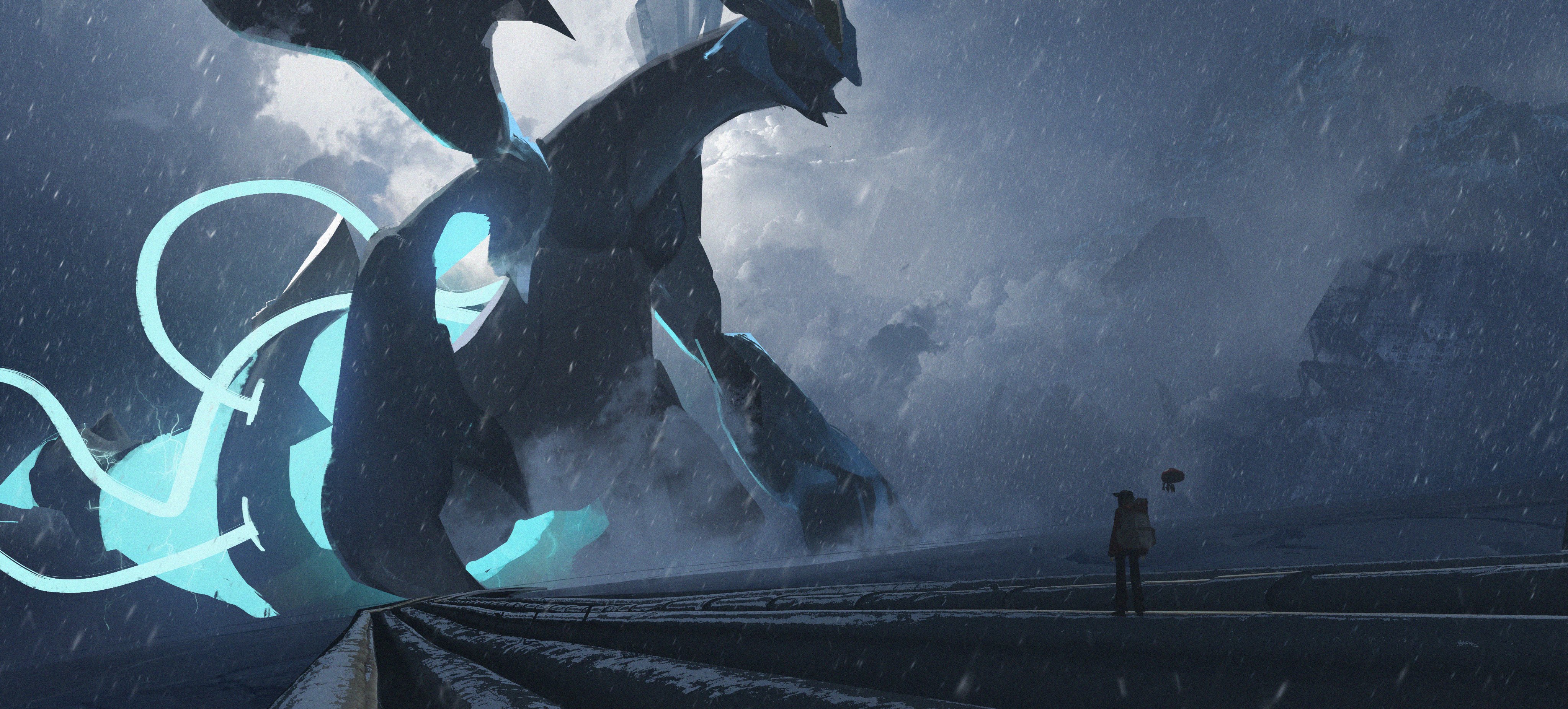 the image showcases a colossal mega rayquaza, a legendary pokemon, amidst a raging blizzard.  two individuals, dwarfed by the creature's size, stand on a snowcovered path, looking up at the aweinspiring sight. the scene is rendered in a dark and dramatic palette, with heavy snow obscuring the mountainous environment. the volumetric lighting emphasizes the sheer scale of mega rayquaza and adds to the overall grandeur and intensity of the artwork.