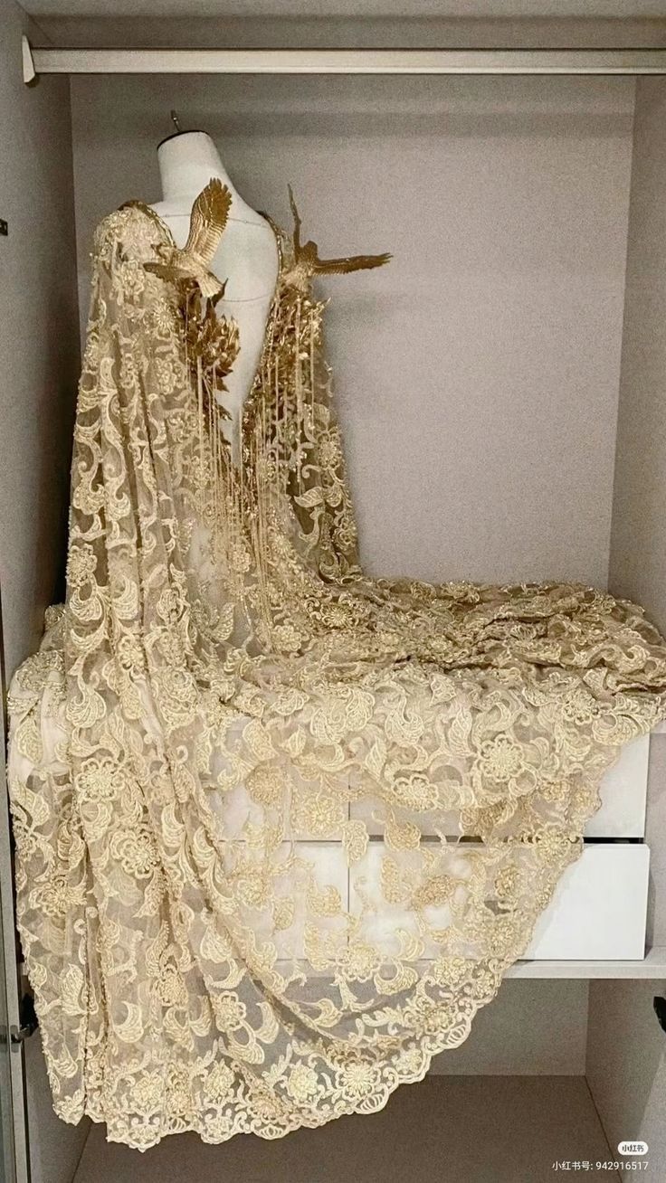a closeup shot shows a gold lace dress on a mannequin inside a closet. the dress is heavily embellished with intricate lace patterns, giving it an opulent appearance. two decorative gold birds are attached to the shoulders of the dress, adding a touch of whimsy and elegance. the mannequin is positioned on a white shelf inside the closet, and the dress drapes down over the edge of the shelf, showcasing its length and detailed design.