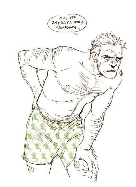 a line drawing of a man in a pair of patterned shorts, he is looking down with a worried expression on his face, and has his hand on his lower back. there is a speech bubble above his head in russian.