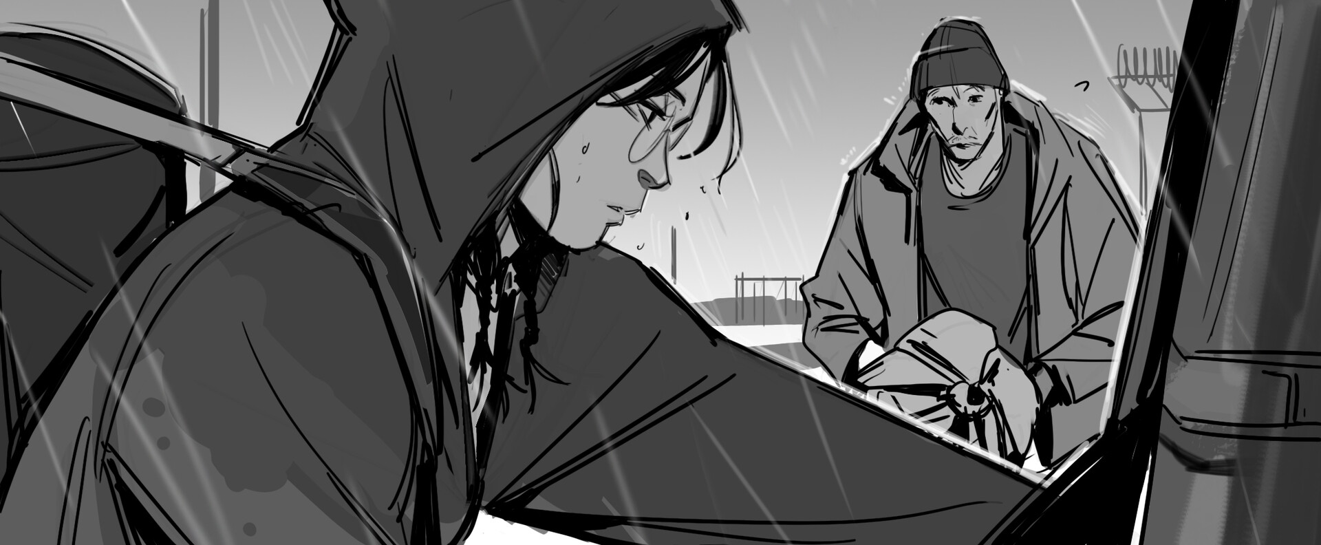 a black and white storyboard illustration depicts a young woman in a hooded jacket and glasses interacting with a seemingly homeless man in a beanie.  it's raining, and the scene appears to take place outdoors near a car. the woman looks concerned and possibly empathetic, while the man looks worn and weary. the style is loose and expressive, indicative of a storyboard rather than a finished piece.  the overall mood is dark and somewhat dramatic. the woman appears to be helping the man with something related to the car, perhaps providing him with gas or assistance.