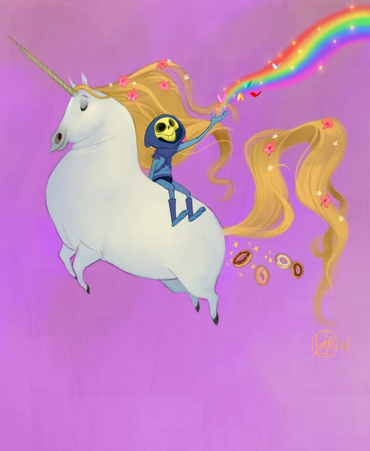 an illustration of skeletor riding a unicorn with a rainbow coming out of its head. the unicorn has flowers in its mane and donuts floating around its tail.