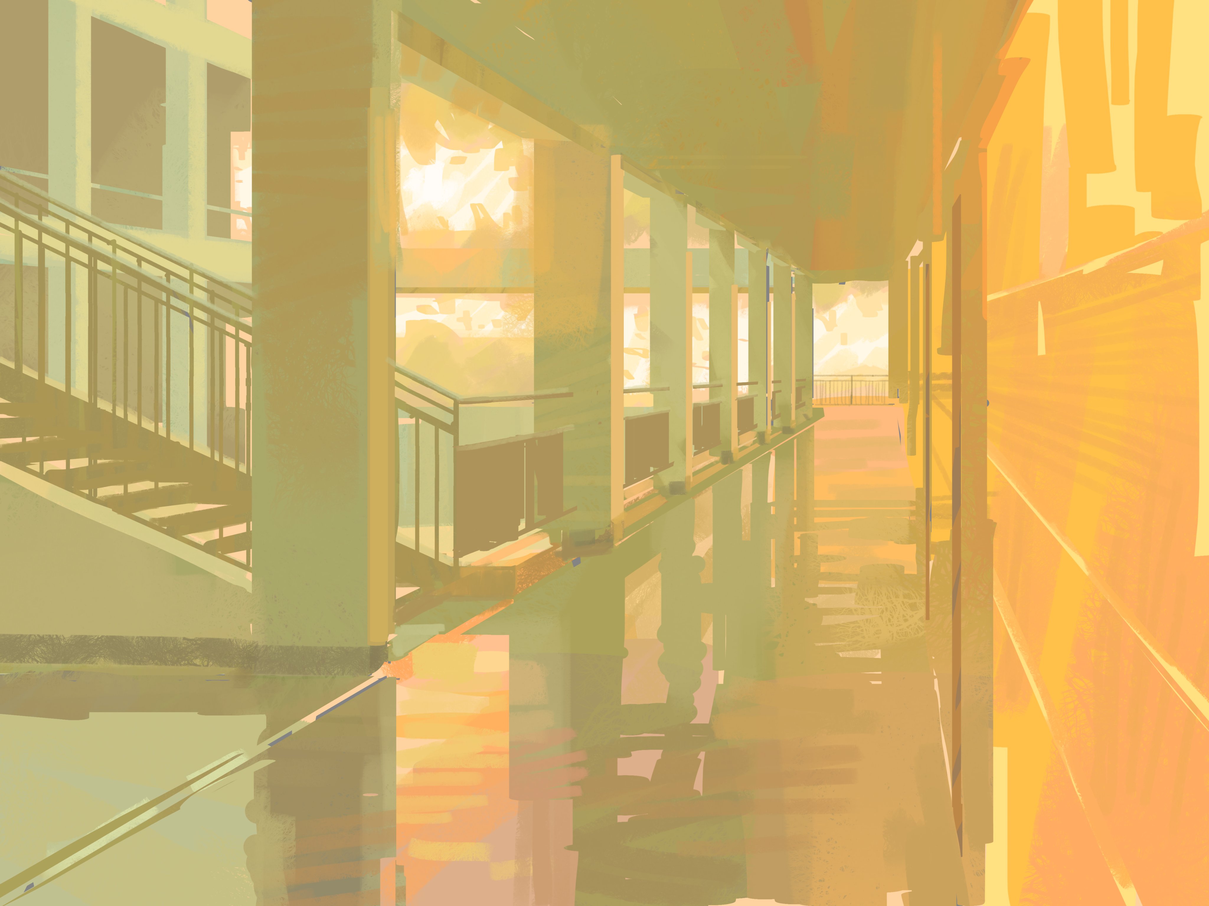 the image shows an empty indoor corridor in a building. there is a staircase on the left. the corridor is filled with warm sunset light that is reflected on the floor. the overall image gives a warm and nostalgic feeling.