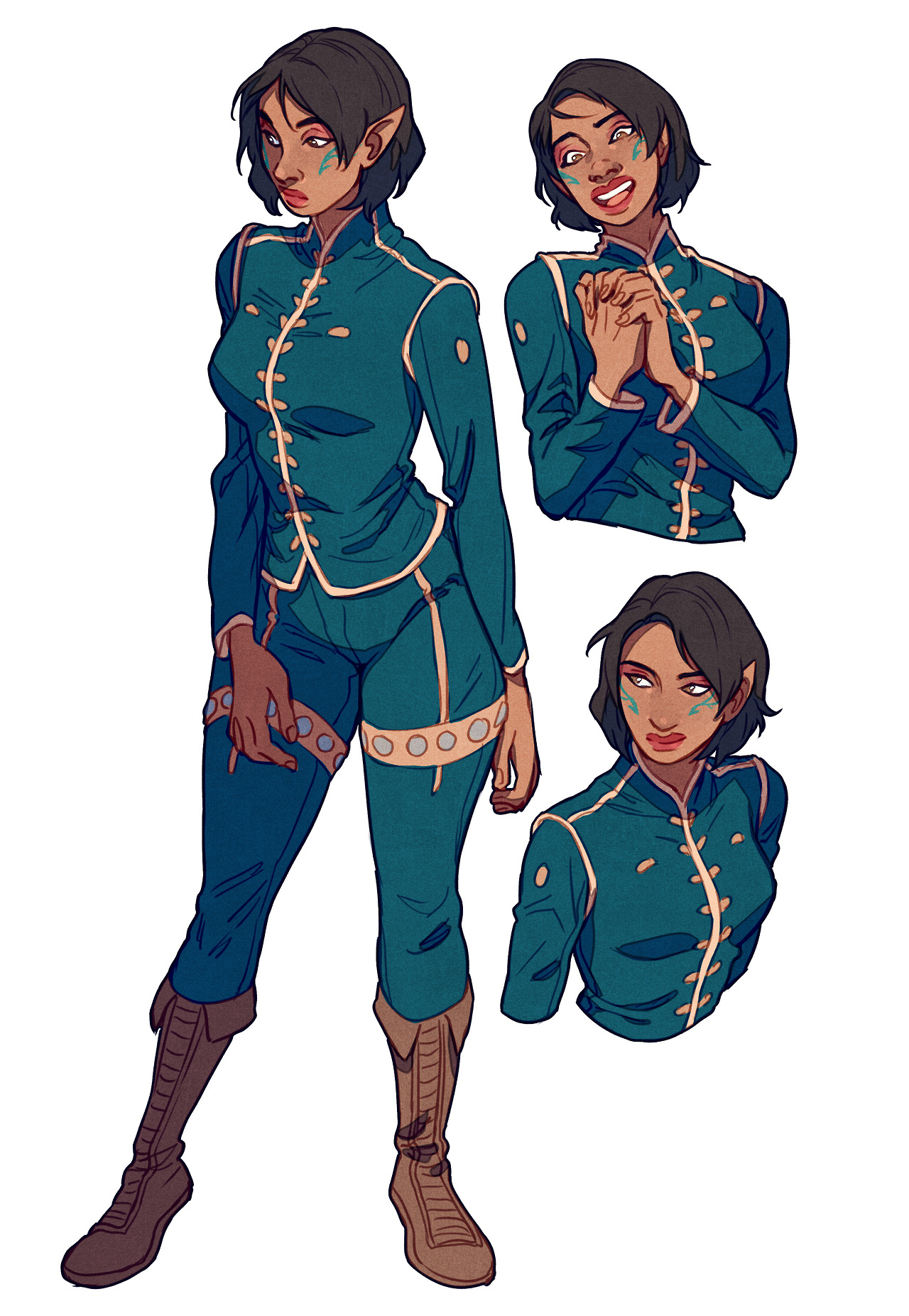 a digital illustration of a female elf character with dark skin and hair wearing a teal doublebreasted jacket with gold accents and matching pants. she is also sporting brown boots and fingerless gloves, showcasing various design details. the illustration presents the character in three different poses, showcasing her full body, a threequarter bust, and a closeup of her upper body.