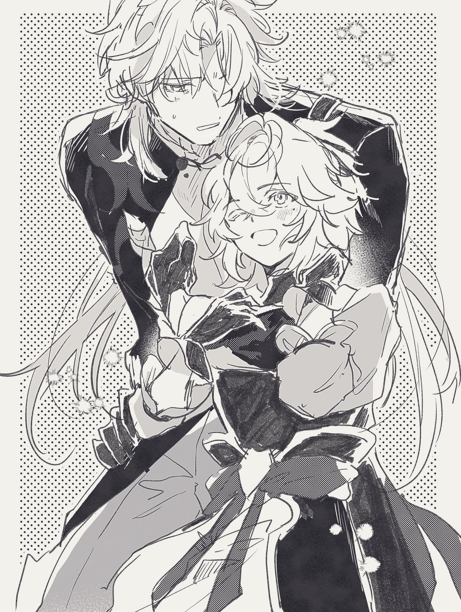 this is a black and white manga illustration of a boy and a girl. the boy is taller and has long, wavy hair. the girl has long, curly hair. they are both smiling. the boy is holding the girl in his arms. they are both wearing clothing. they are both looking at the viewer. there is a background of dots. this appears to be an illustration of a romantic couple embracing each other.