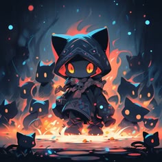 a cute black cat wearing a dark hooded robe stands in a fire surrounded by other black cats, all have glowing eyes. the scene is rendered in a cartoon style with a dark and mysterious atmosphere, suggestive of a halloweenthemed story.